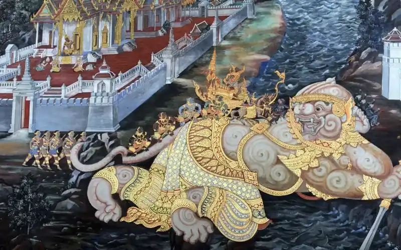 Murais do Ramakien no Wat Phra Kaew mostram Ramayana