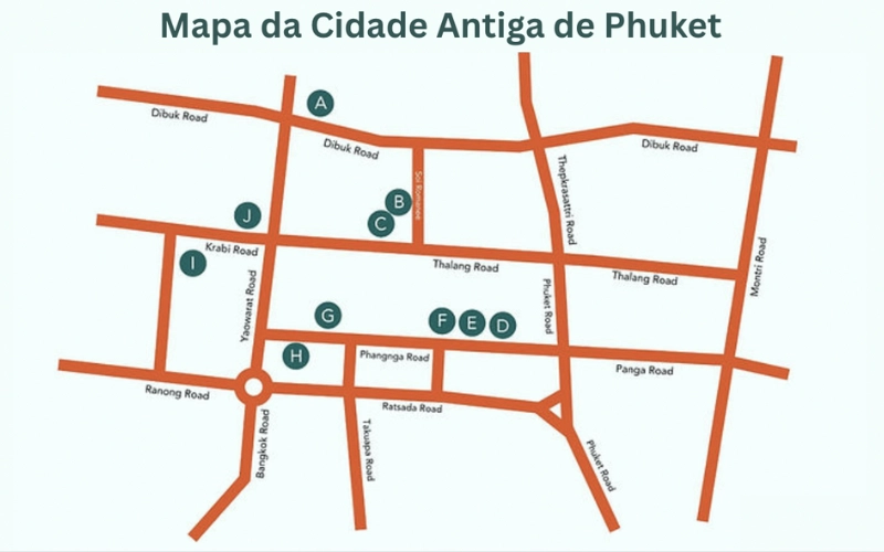 Mapa mostra ruas Thalang Dibuk e Phang Nga