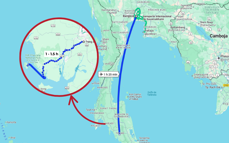 Viajantes vão a Koh Muk via Trang táxi e barco