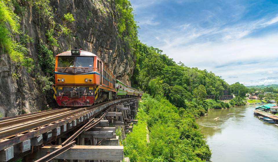 Thai Train on River Kwai Bridge of Kanchanaburi